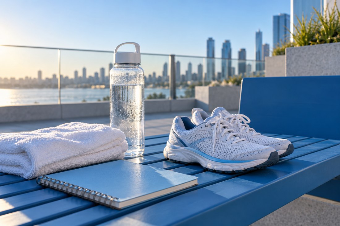 Agua, cuaderno y material para una rutina cotidiana